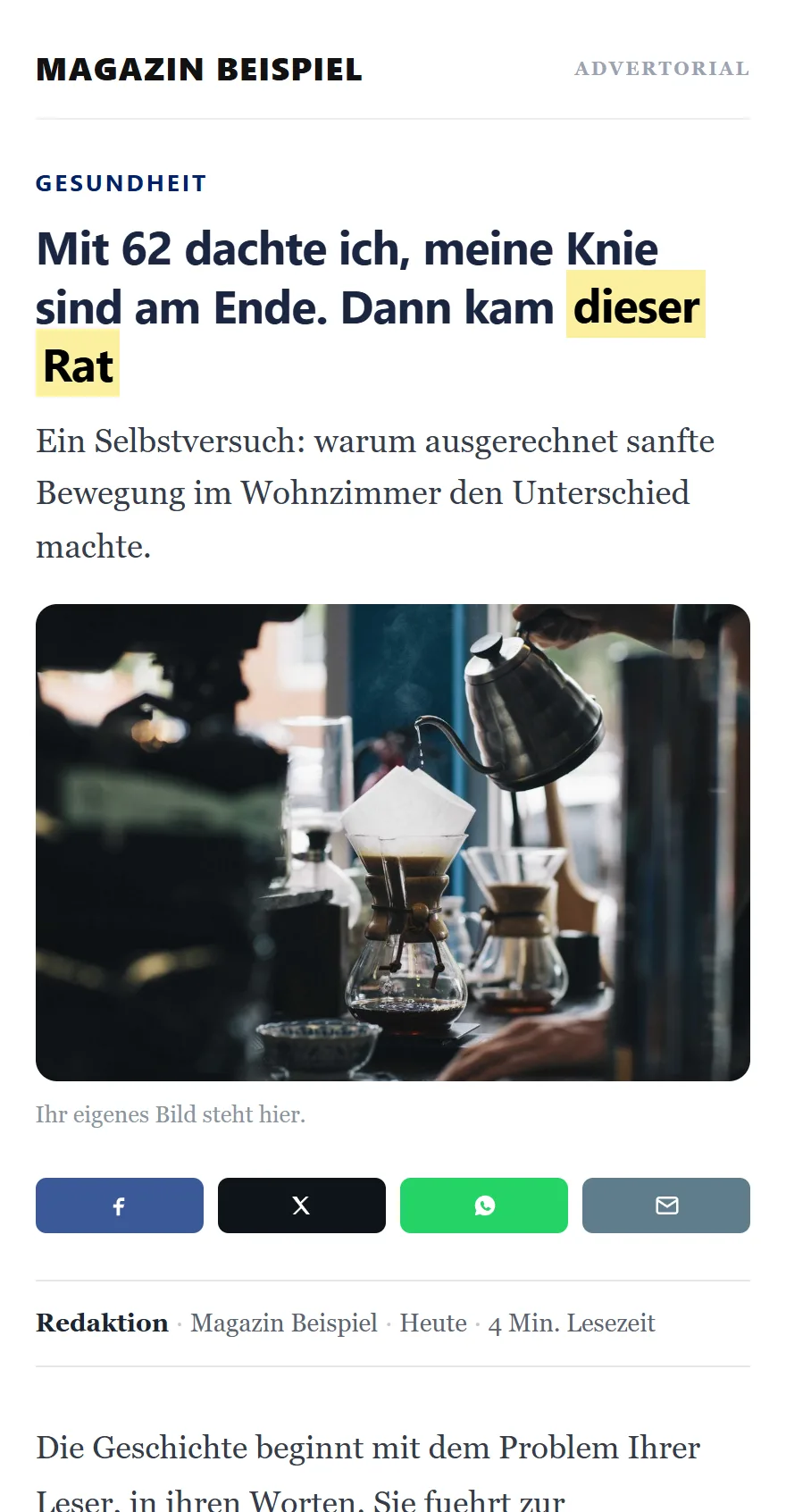 Advertorial-Vorlage auf einem iPhone
