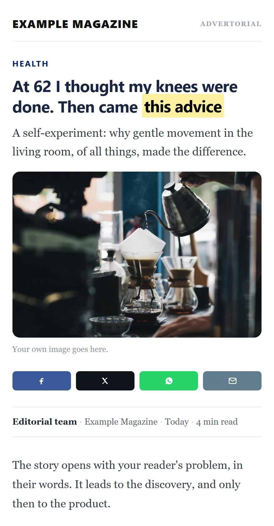 Advertorial template on an iPhone